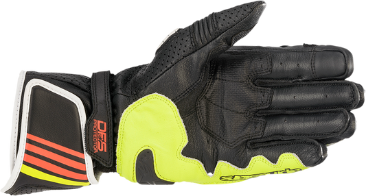 Alpinestars GP Plus R v2 motorcycle gloves in metallic gray, black, fluo yellow, and fluo red with padding and textured grip.