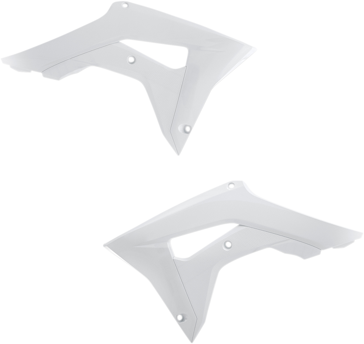 White Acerbis radiator shrouds for motorcycle body protection, designed for compatibility with specific models.