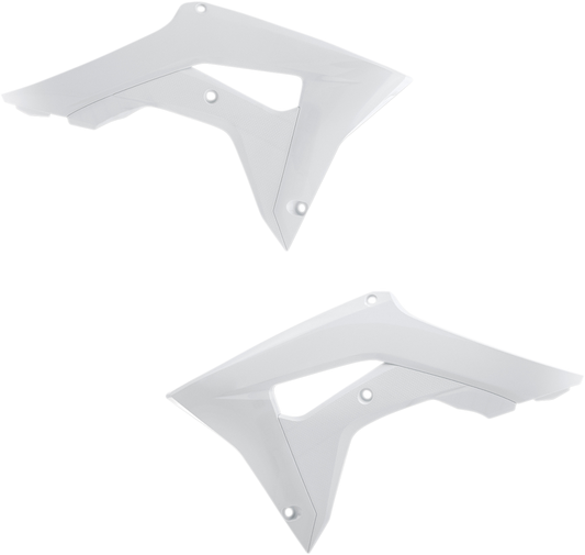 White Acerbis radiator shrouds for motorcycle body protection, designed for compatibility with specific models.