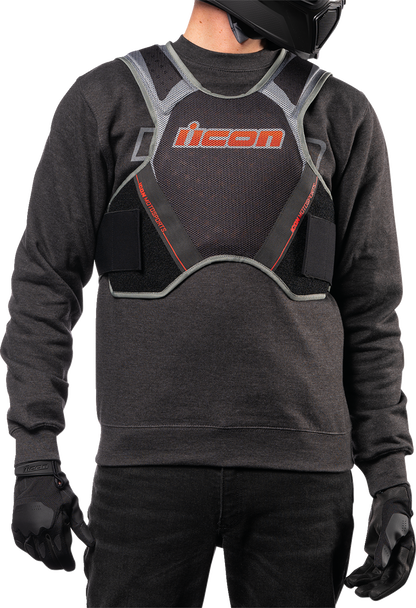 Bill's Exhausts ICON Softcore™ vest in Megabolt Black, medium/large size, shown on a model with a close-up of the vest's fabric and fit.