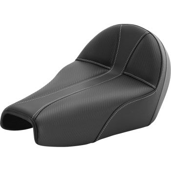 Black SADDLEMEN Dominator motorcycle seat with silver stitching for XL models, designed by Bill's Exhausts for 2004-2022.
