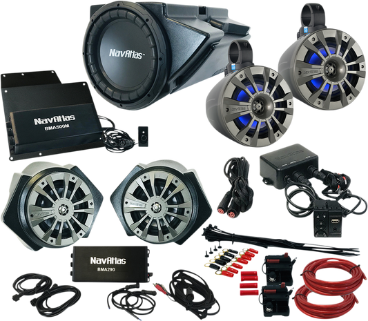 Bill's Exhausts NAVATLAS Zone 4 RZR RZR4 audio speakers installed in a vehicle, showing sleek black design and mounting details.