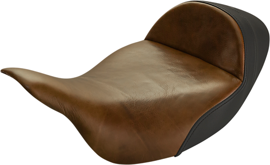 Bill's Exhausts SADDLEMEN Lariat Solo Seat for FL 2008-2023, distressed brown extended reach motorcycle seat with detailed stitching.