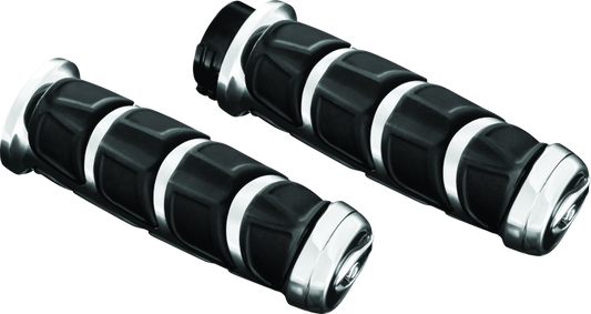 Kuryakyn Kinetic Grips for Kawasaki and Yamaha motorcycles, chrome finish, ergonomic design, mounted on motorcycle handlebars.