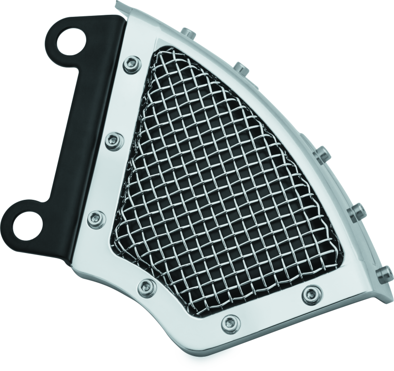 Kuryakyn Mesh Chrome Front Caliper Covers for Harley Davidson Softail and Fat Boy motorcycles, showing detailed chrome design.