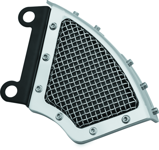 Kuryakyn Mesh Chrome Front Caliper Covers for Harley Davidson Softail and Fat Boy motorcycles, showing detailed chrome design.