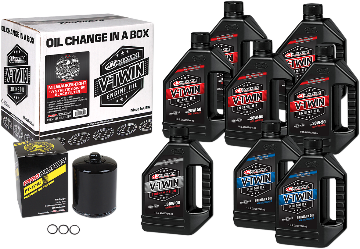 MAXIMA RACING OIL M8 Synthetic 20W-50 oil change kit with black ProFilter for motorcycle engine maintenance.