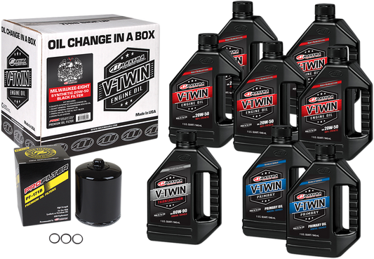 MAXIMA RACING OIL M8 Synthetic 20W-50 oil change kit with black ProFilter for motorcycle engine maintenance.