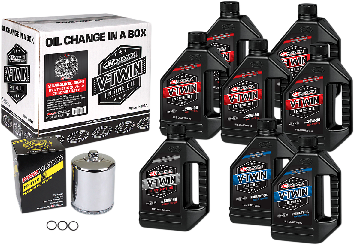 Maxima Racing Oil M8 Synthetic 20W-50 Oil Change Kit with chrome filter for motorcycle engine maintenance.