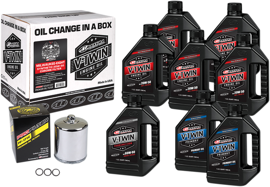 Maxima Racing Oil M8 Synthetic 20W-50 Oil Change Kit with chrome filter for motorcycle engine maintenance.