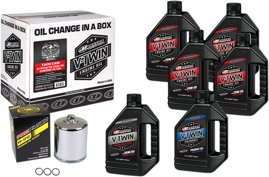Maxima Racing Oil Twin Cam Synthetic 20W-50 oil change kit with chrome filter for motorcycle engine maintenance.