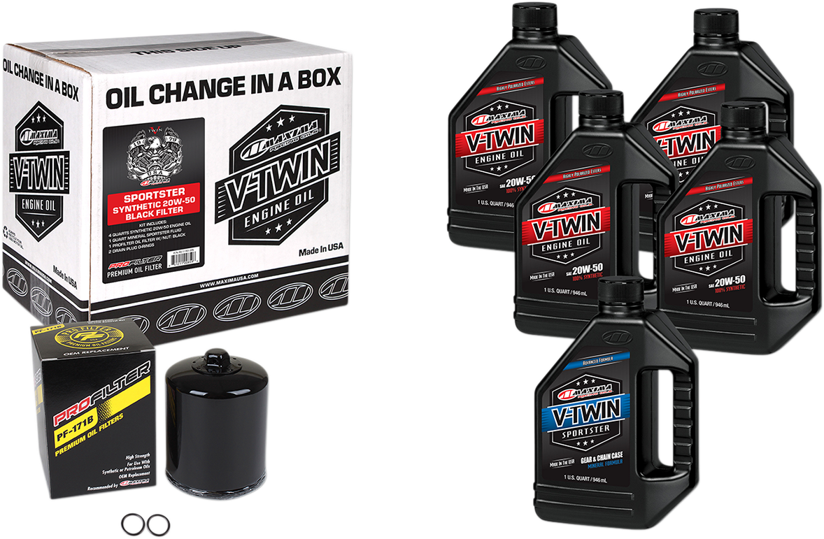 Maxima Racing Oil Sportster synthetic 20W-50 oil change kit with black filter, showing oil bottles and filter for Harley Sportster.