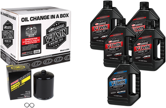 Maxima Racing Oil Sportster synthetic 20W-50 oil change kit with black filter, showing oil bottles and filter for Harley Sportster.
