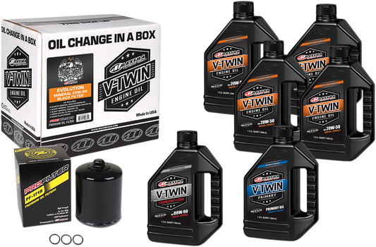 MAXIMA RACING OIL Evolution Mineral 20W-50 oil change kit with black premium oil filter, featuring the product packaging and filter.