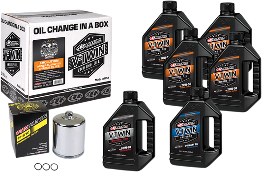 MAXIMA RACING OIL Evolution Mineral 20W-50 oil change kit with chrome filter, featuring oil bottle and filter visible in the image.