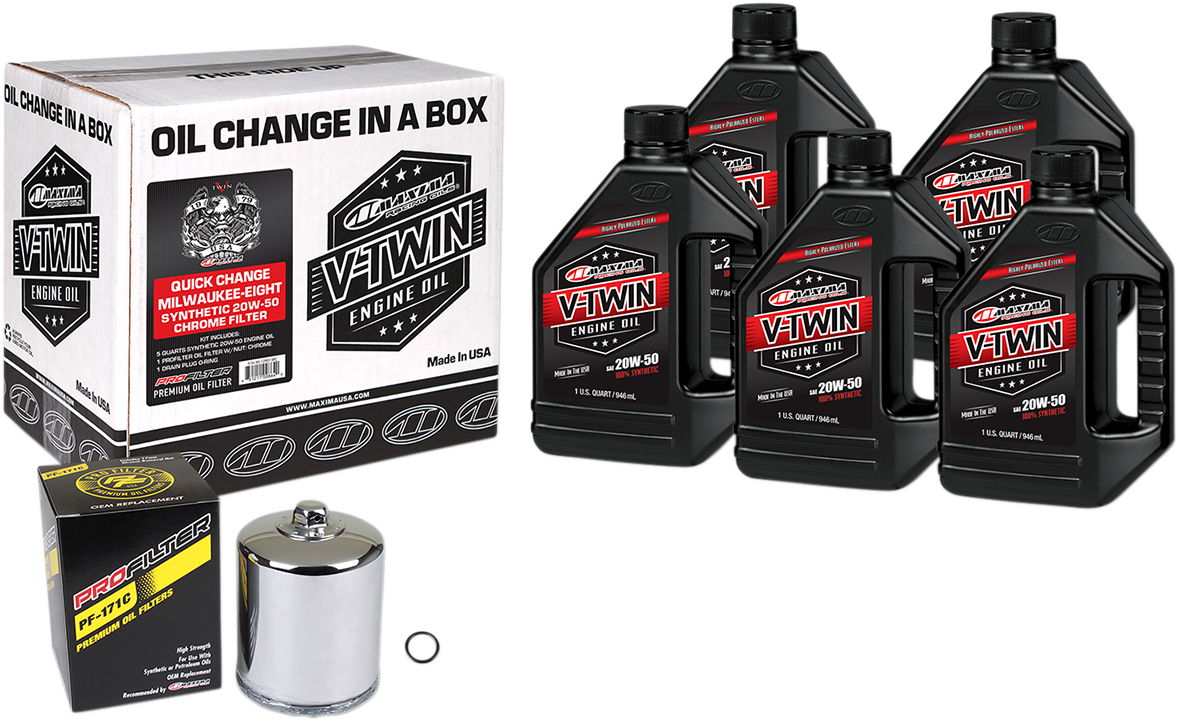 MAXIMA RACING OIL Quick Change M8 Synthetic 20W-50 Oil Change Kit with chrome filter for motorcycle maintenance.