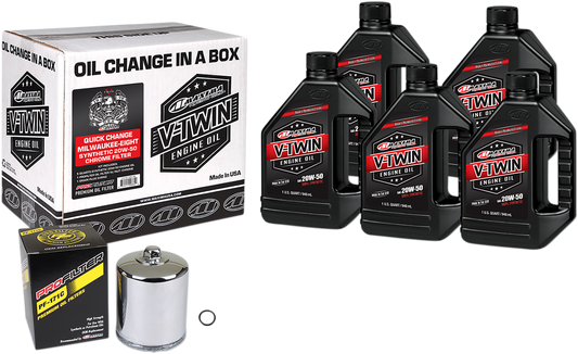 MAXIMA RACING OIL Quick Change M8 Synthetic 20W-50 Oil Change Kit with chrome filter for motorcycle maintenance.