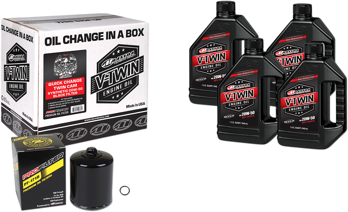 Maxima Racing Oil Quick Change Twin Cam Synthetic 20W-50 Oil Change Kit with black filter for motorcycle engine maintenance.