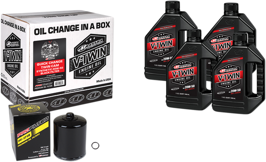 Maxima Racing Oil Quick Change Twin Cam Synthetic 20W-50 Oil Change Kit with black filter for motorcycle engine maintenance.
