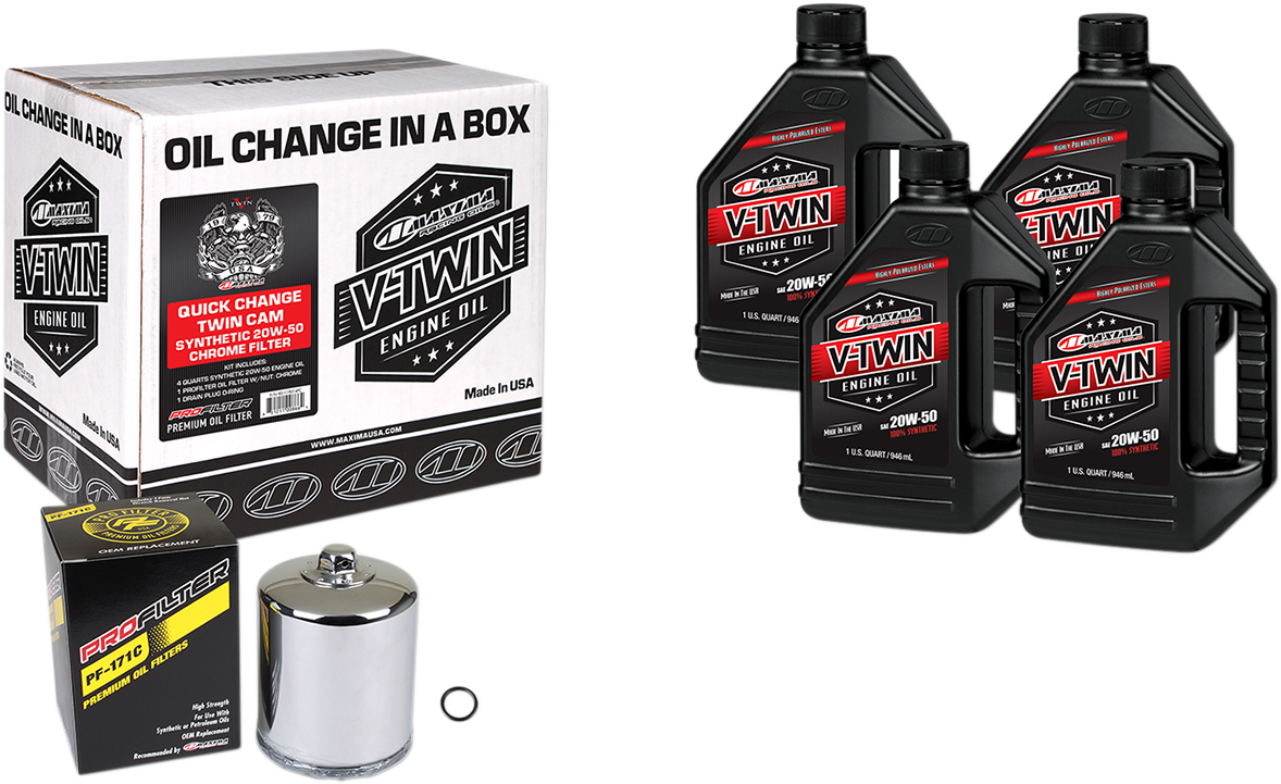 Maxima Racing Oil Quick Change Twin Cam Synthetic 20W-50 Oil Change Kit with chrome filter for motorcycle maintenance.