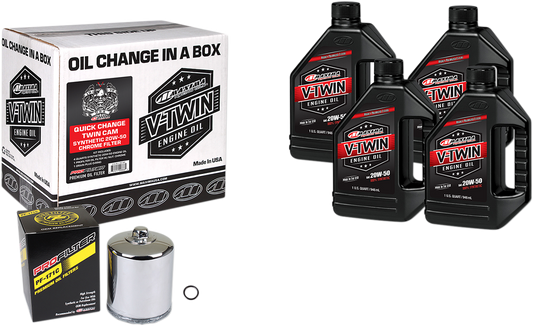 Maxima Racing Oil Quick Change Twin Cam Synthetic 20W-50 Oil Change Kit with chrome filter for motorcycle maintenance.