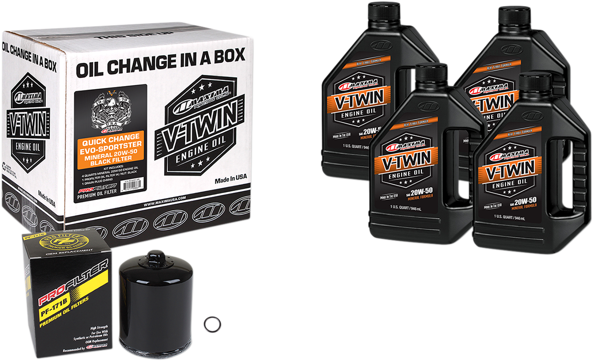 MAXIMA RACING OIL Evo/Sportster quick oil change kit with black filter, including oil and filter for motorcycle maintenance.