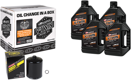 MAXIMA RACING OIL Evo/Sportster quick oil change kit with black filter, including oil and filter for motorcycle maintenance.