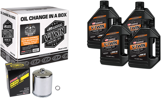 Maxima Racing Oil Evo/Sportster quick oil change kit with chrome filter for motorcycle maintenance, including oil and filter components.