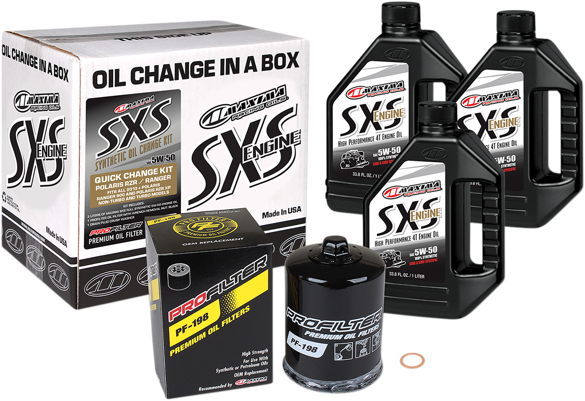MAXIMA RACING OIL SXS synthetic oil change kit for Polaris, includes 5W-50 oil and necessary components for maintenance.