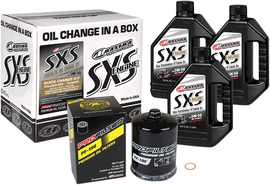 MAXIMA RACING OIL SXS synthetic oil change kit for Polaris, includes 5W-50 oil and necessary components for maintenance.