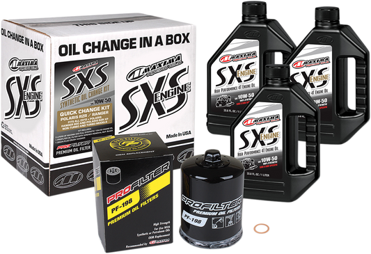 MAXIMA RACING OIL SXS synthetic oil change kit for Polaris, includes 10W-50 oil and parts for easy installation.