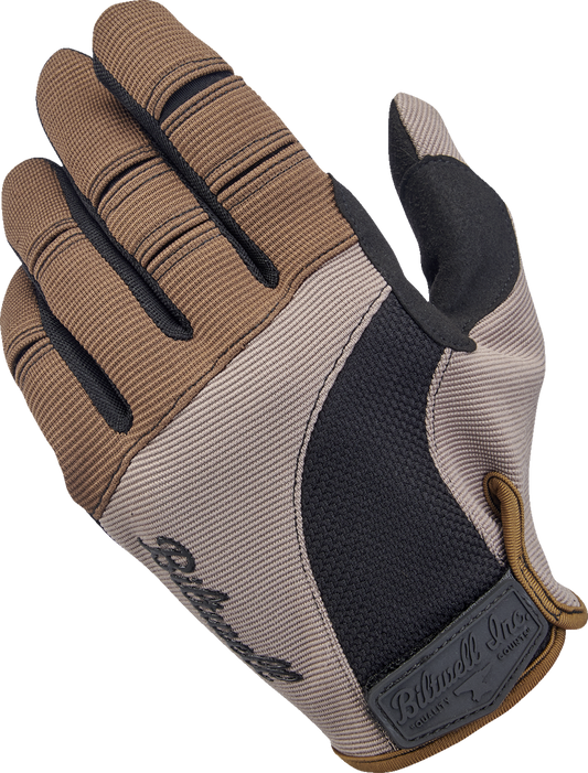 BILTWELL Moto Gloves in Coyote and Black, medium size, durable leather riding gloves with reinforced knuckles and secure wrist closure.