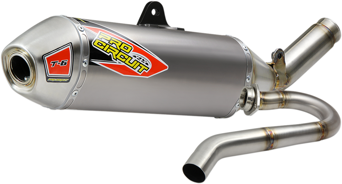 Pro Circuit T-6 Titanium Exhaust System for enhanced motorcycle performance, featuring sleek titanium construction and performance design.