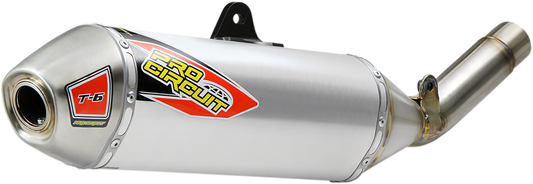 Pro Circuit T-6 muffler for dirt bikes and off-road vehicles, showing the stainless steel design and branding on the exhaust.