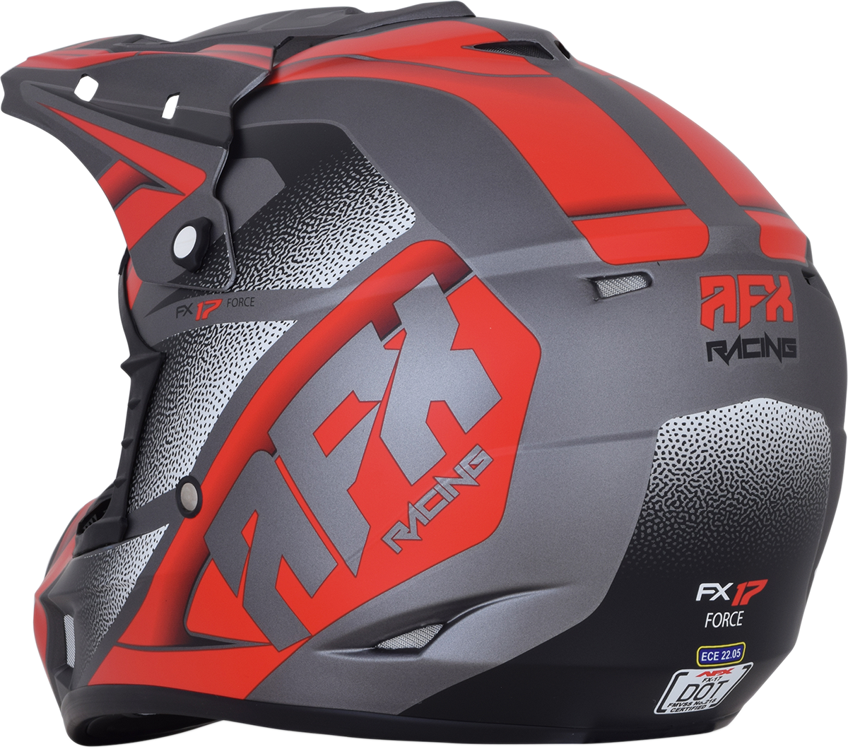Bill's Exhausts AFX FX-17 motorcycle helmet in Force Frost Gray and Red, medium size, with a sleek aerodynamic design.