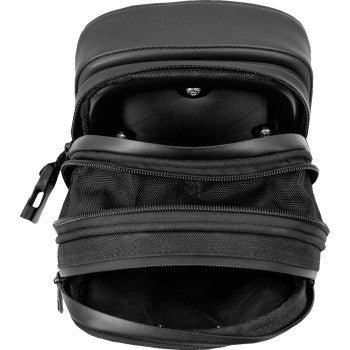 Black Saddlemens Fundamentals Sissy Bar Bag for motorcycle seats, featuring durable material and secure mounting.