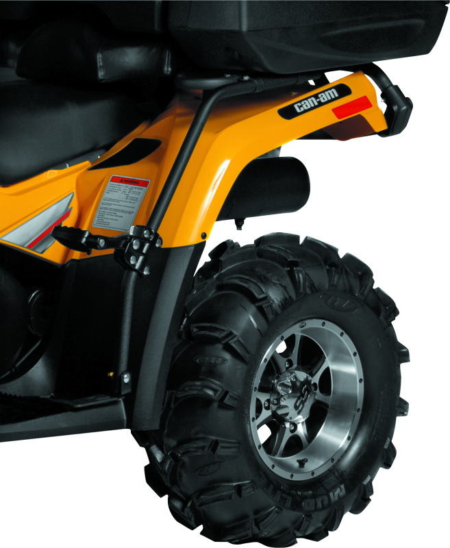 QuadBoss Can-Am Outlander 400 HO fender protectors, part #563258, mounted on ATV with black plastic guards and hardware.