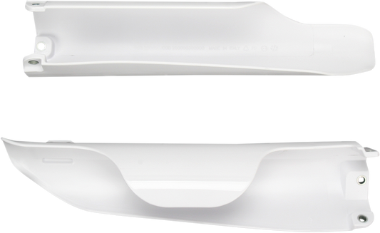 Acerbis white lower fork covers for motorcycle front suspension, with a smooth, glossy finish and branding details visible.