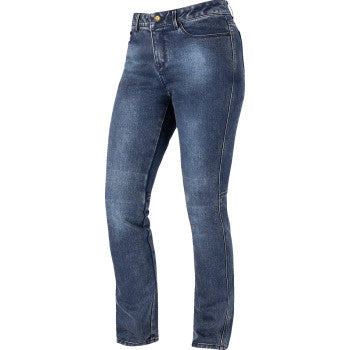 Bill's Exhausts ICON Women's Tuscadero3™ jeans in blue, showing a close-up of the fitted jeans with subtle stitching details.