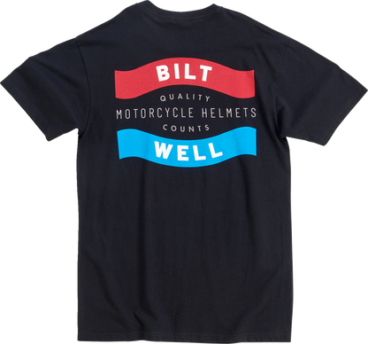 Black BILTWELL Badge T-Shirt in small size from Bill's Exhausts, featuring a front badge graphic and casual fit.