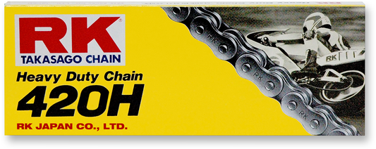 RK M420 standard chain with 136 links, heavy-duty metal chain for machinery and equipment, shown in the image.