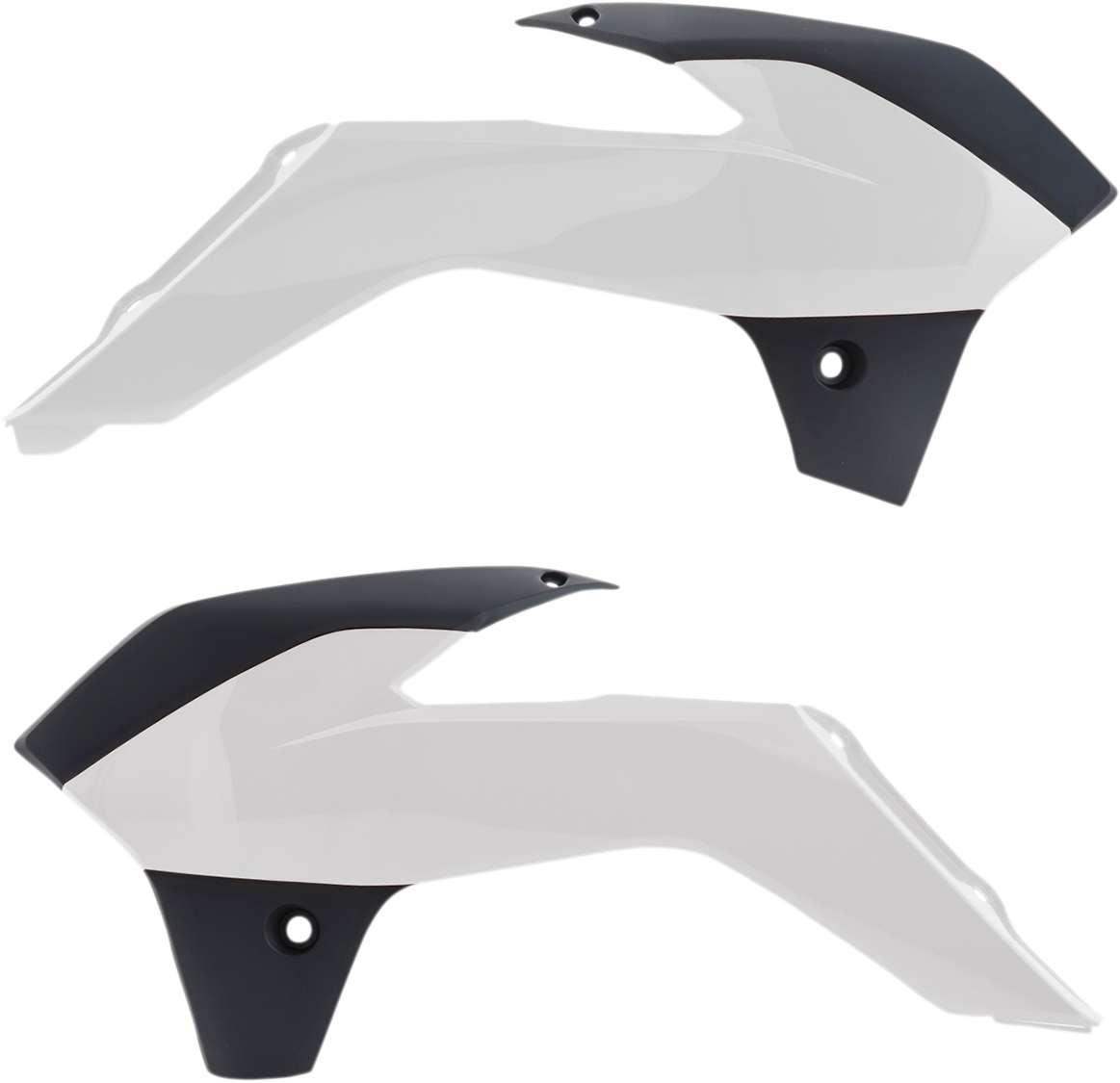 Acerbis radiator shrouds in white and black for motorcycle, designed with body panels and brand logo visible.
