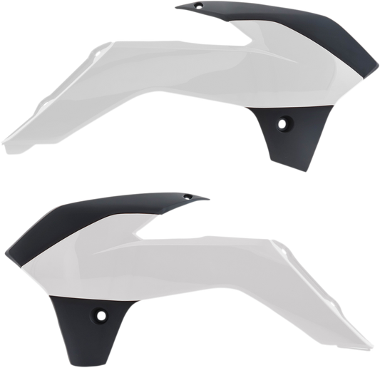 Acerbis radiator shrouds in white and black for motorcycle, designed with body panels and brand logo visible.