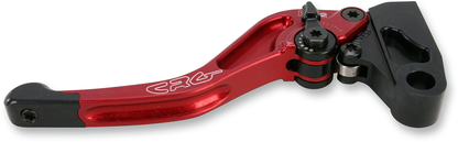 Red CRG RC2 Shorty Clutch Lever for motorcycle, showcasing the compact, ergonomic design with brand logo and part details.