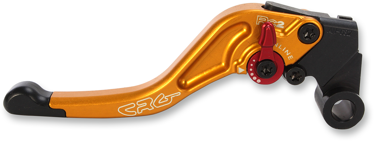 CRG RC2 Shorty clutch lever in gold, motorcycle part with ergonomic design and adjustable features, shown in close-up.