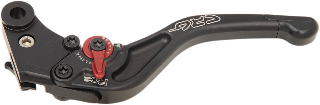 Black CRG RC2 Shorty Clutch Lever with 2AN-671-XP-H-B branding, shown on a motorcycle handlebar.