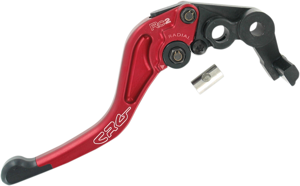 CRG RC2 Shorty brake lever in red with black accents, designed for motorcycle handlebars.