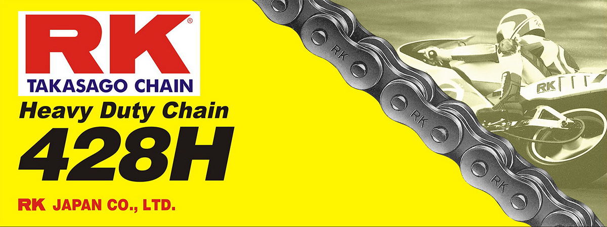RK M428H heavy-duty motorcycle chain with 130 links, featuring durable metal links and a rugged construction for motorcycle riding.
