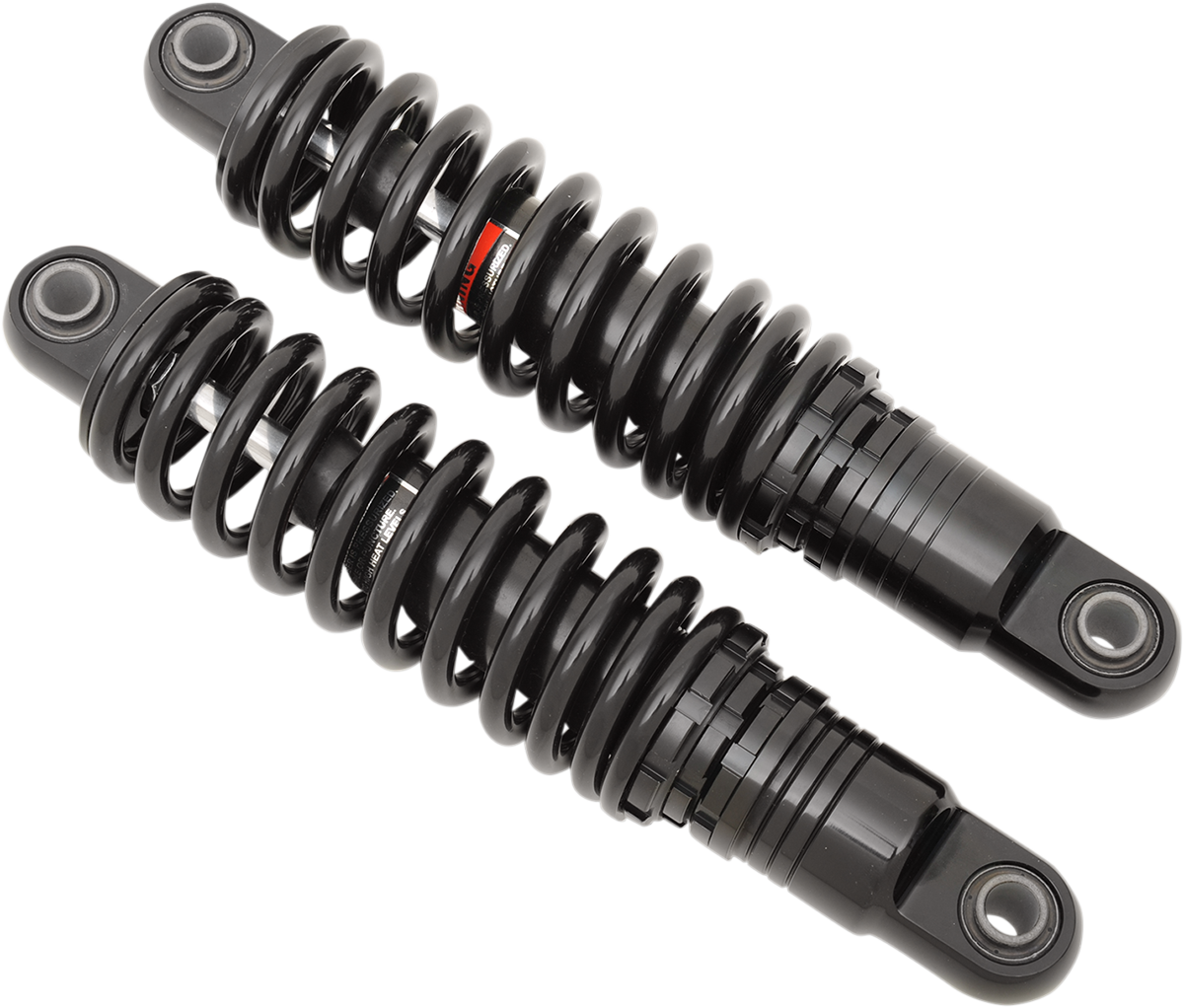 Black Drag Specialties C16-0151AB premium ride-height adjustable shocks, 11 inches, for motorcycle suspension.