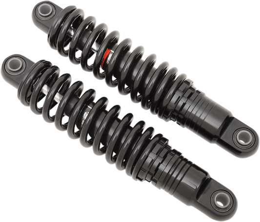 Black Drag Specialties C16-0151AB premium ride-height adjustable shocks, 11 inches, for motorcycle suspension.